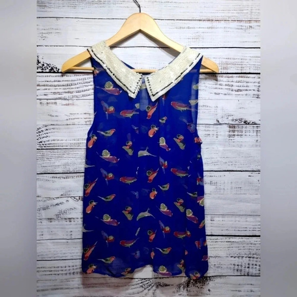 Audrey 3+1 Bird Tank in Blue Size Medium Maximalist Sheer Sequins Summer - Picture 8 of 8